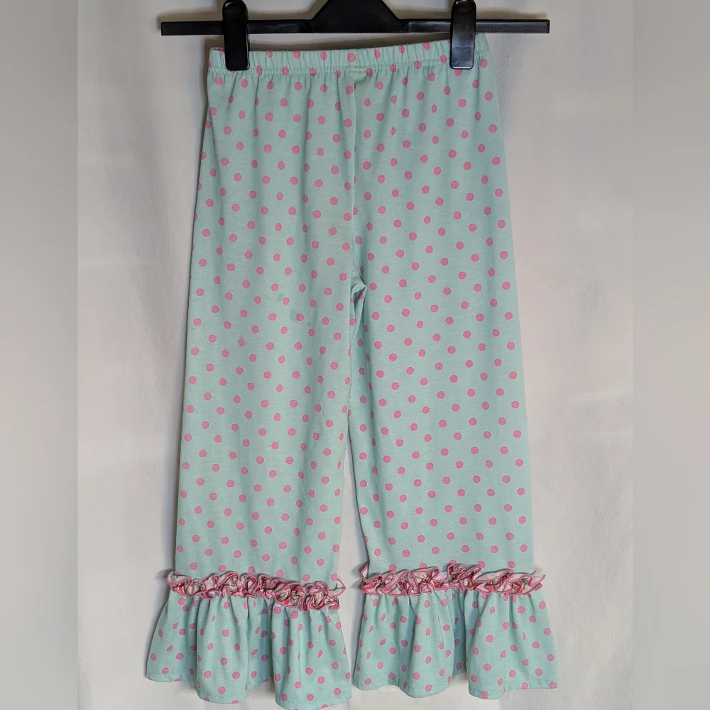 Matilda Jane girls sz 8 ruffled pants or sleepwear green with pink polka dots - Picture 2 of 5
